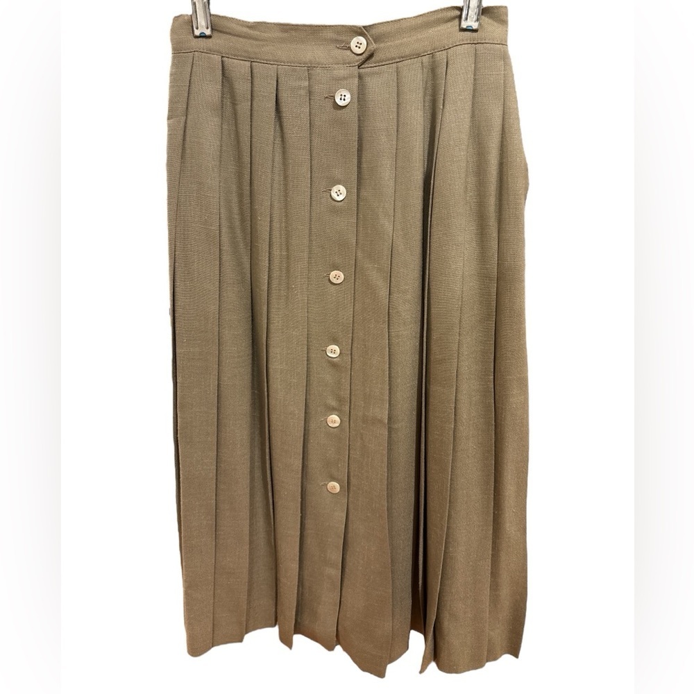 80s LIZ CLAIBORNE KHAKI FRONT BUTTON CLOSURE LINED PLEATED MIDI SKIRT SZ S - Picture 3 of 5